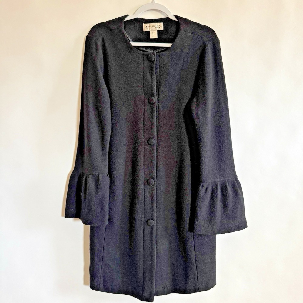 Nanette Lepore 100%‎ Wool Long Black Overcoat Ruffle Sleeves Medium Buttons